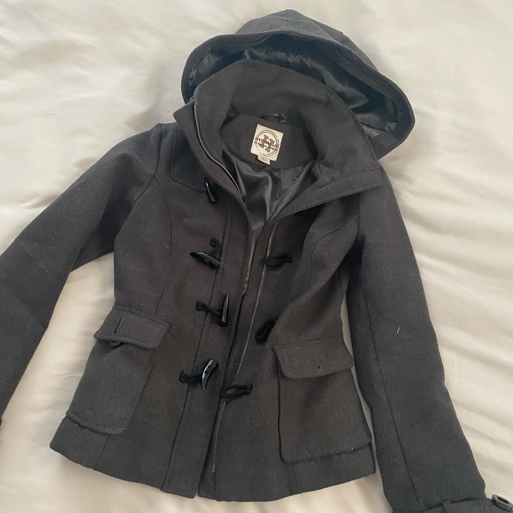 satin lined duffle funnel neck hooded pea coat